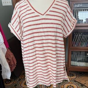 Style & Co. Cream and Rust Striped V-Neck Tunic
